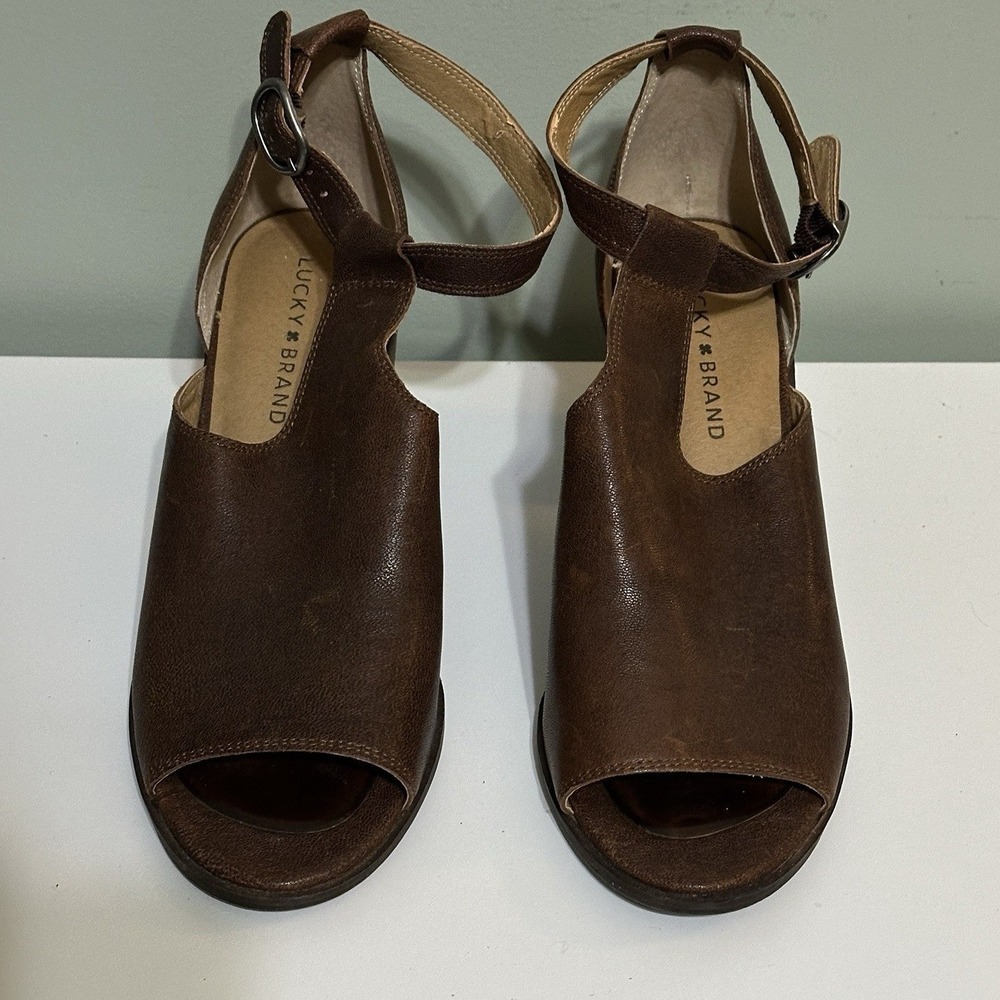 Lucky Brand Brown Leather Peep Toe‎ Heels Ankle Strap 9.5